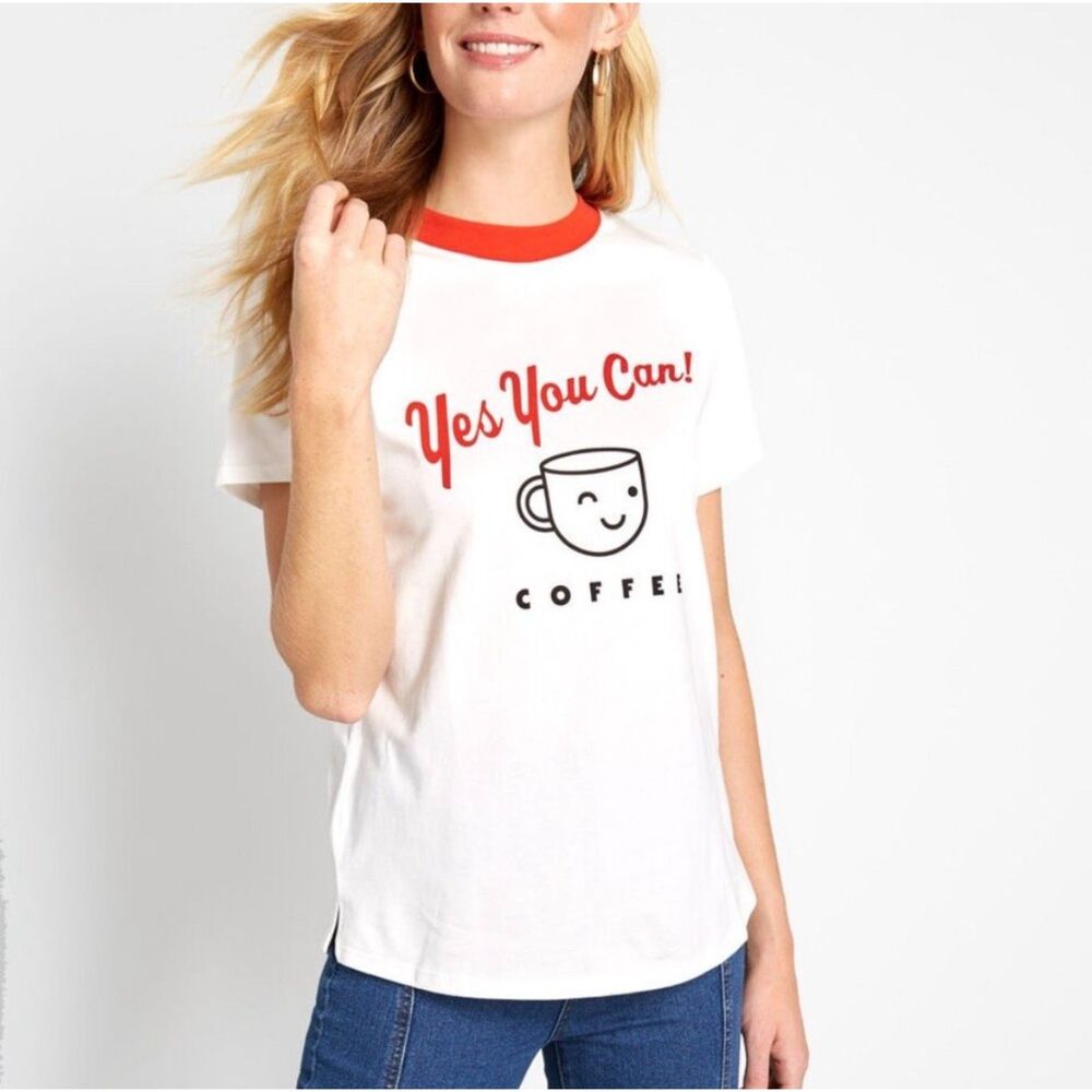 XXL ban.do White/Red Contrast Ringer Graphic Coffee Tee Crew Neck Short Sleeve